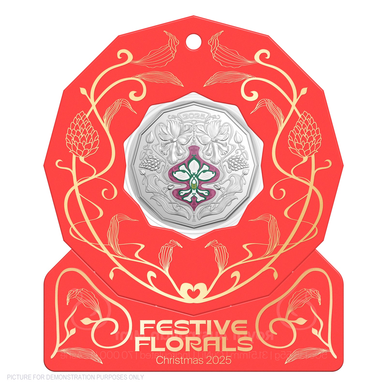 2025 RAM 50c Coloured Uncirculated Coin - Christmas Festive Florals - RED Packaging